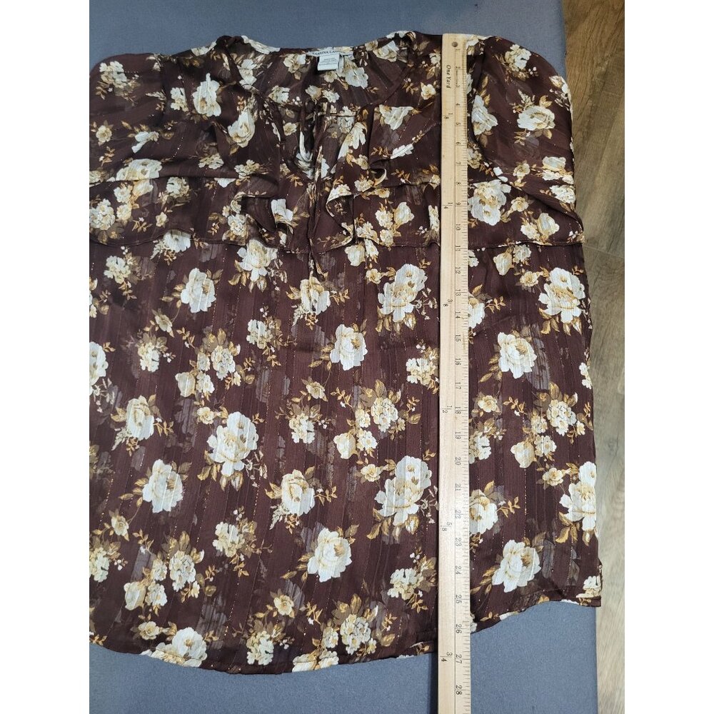 Sabrina Lauren XL Brown Gold Floral Ruffle Boho Festival Top Fairy Whimsy Sheer - Picture 7 of 9